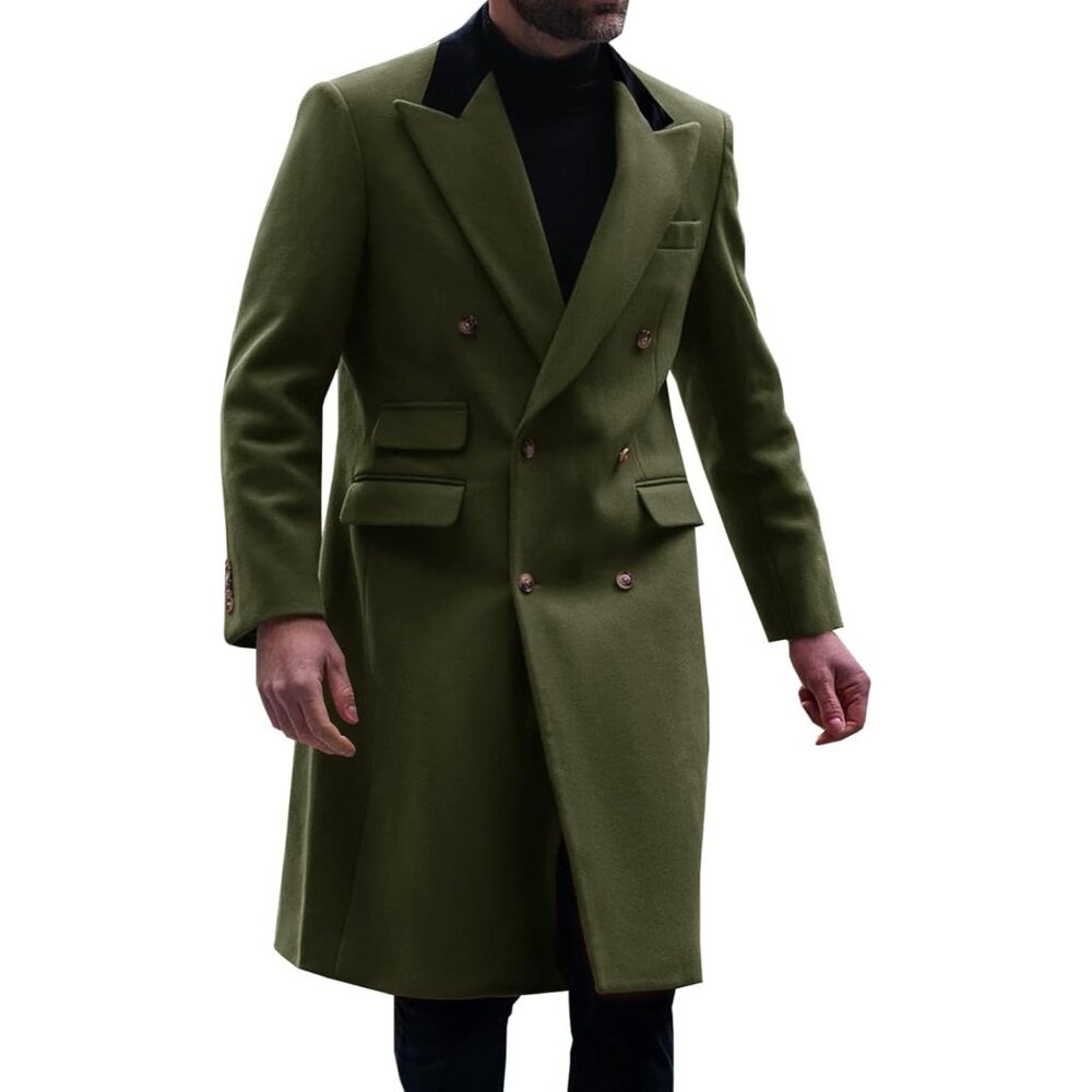 💫 Men Green Long Trench Coat Lapel Double Breasted Casual Winter Warm Pea Coat
